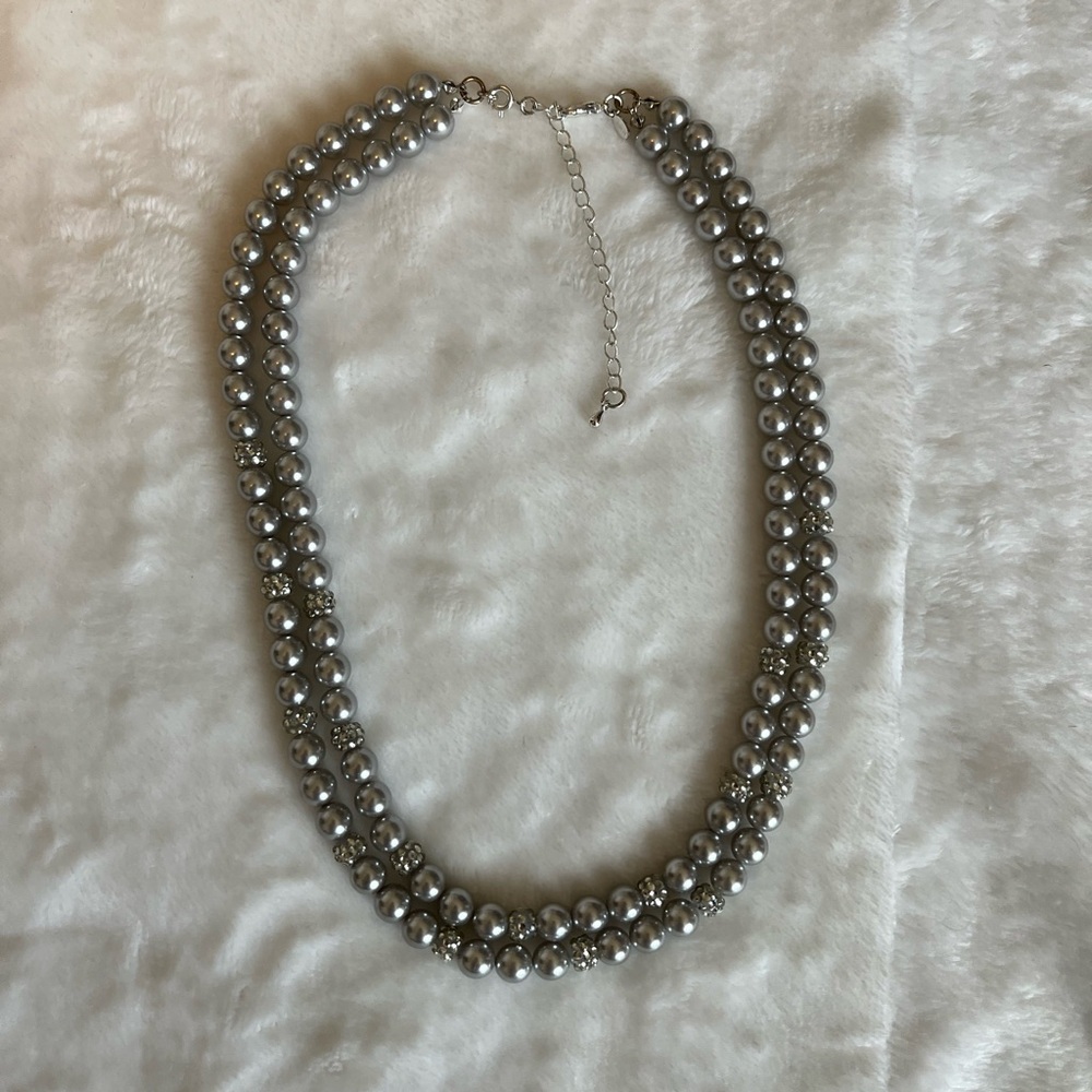 Double Strand Silver Faux Pearl Necklace